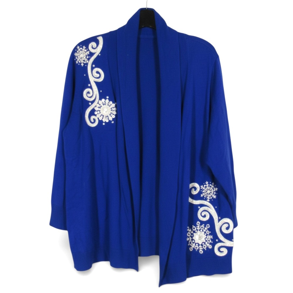 RUBY RD. WOMAN Blue METALLIC SILVER EMBROIDERED SNOWFLAKES Open Front SWEATER 1X